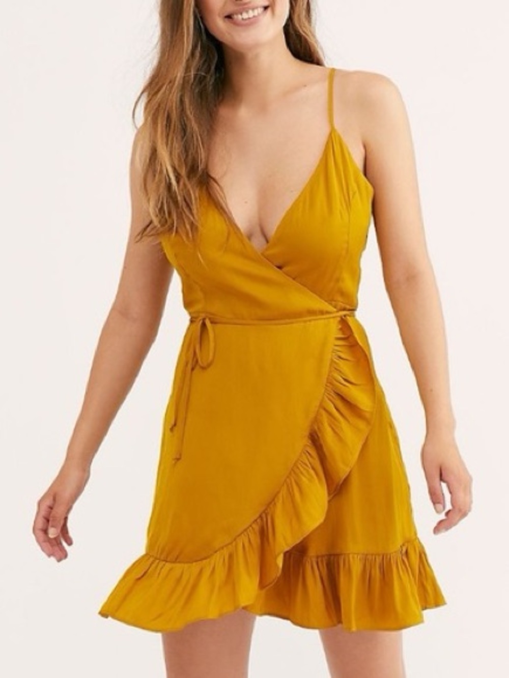 Free People Mustard Wrap Mini Dress with Ruffle Trim L